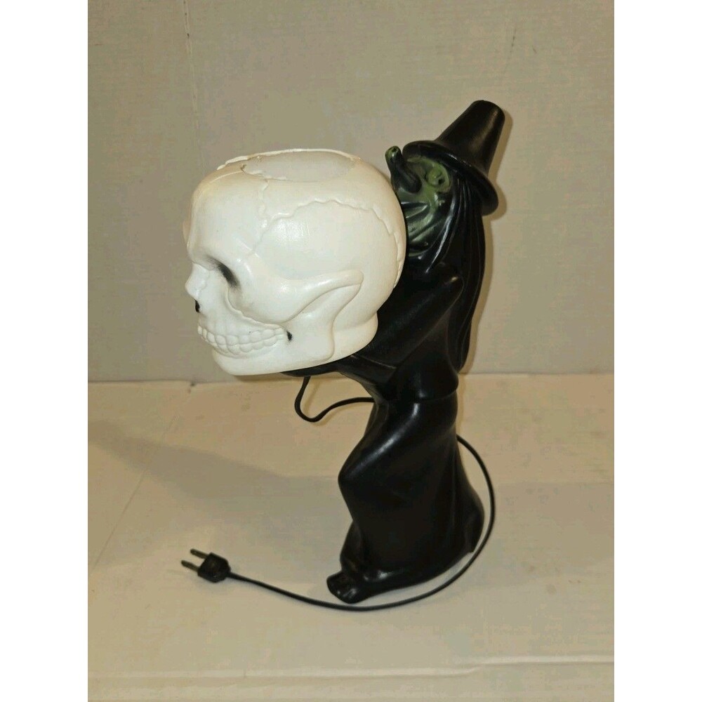 Vintage 1960s Black Witch Green Face Skull Blow Mold Light Decoration RARE
